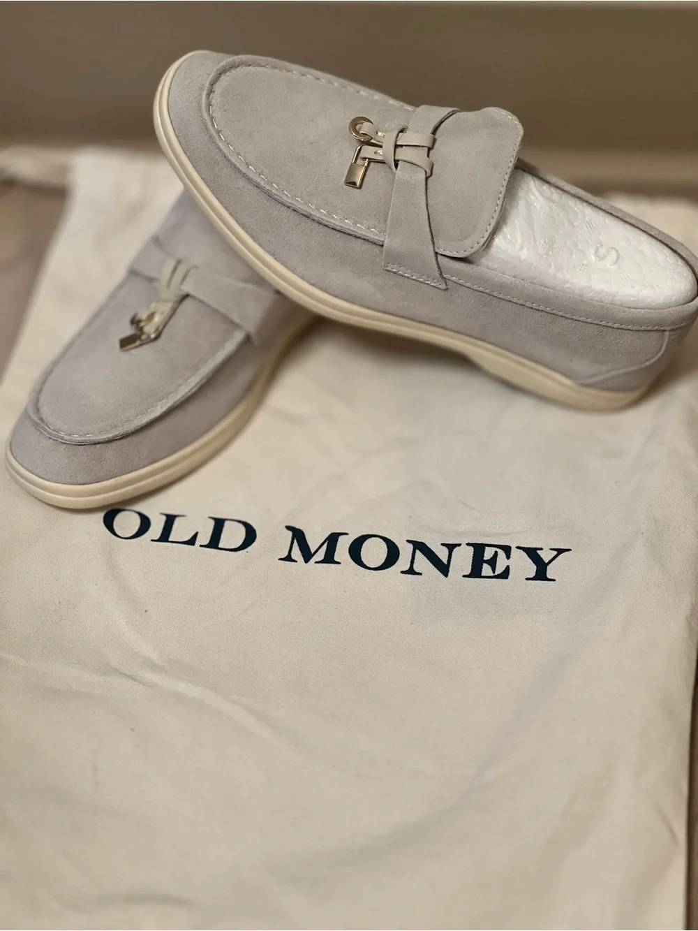 Suede Slip-On Loafers in Light Gray with Gold Accent